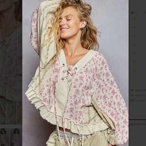 POL Floral Lace-Up Cream and Pink Ruffle Sweatshirt